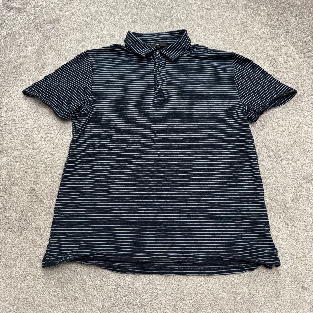 Vince Cotton Polo Shirt Mens Medium Navy Blue Striped Short Sleeve Casual Preppy